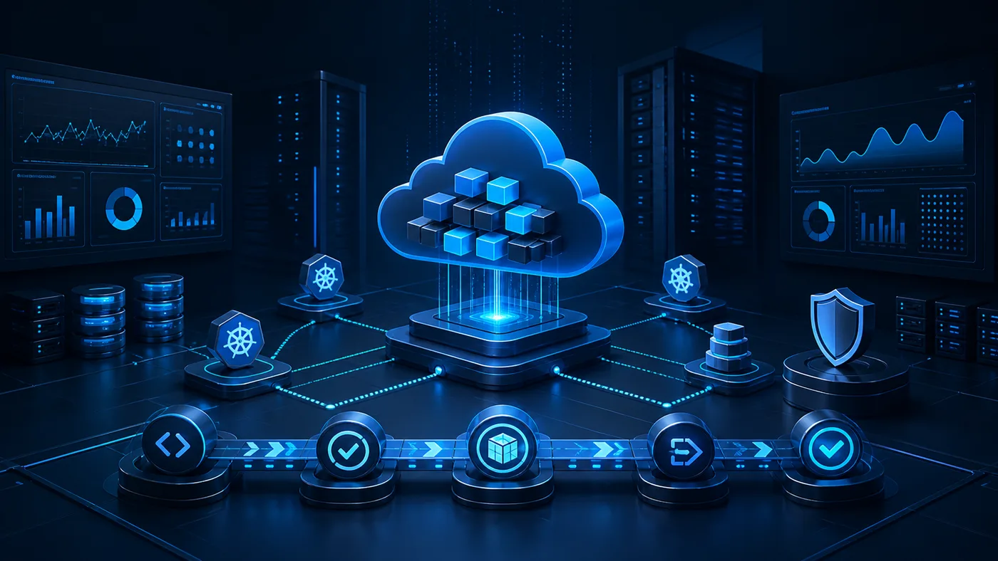 Cloud engineering visual showing secure infrastructure, deployment pipeline and monitoring dashboards
