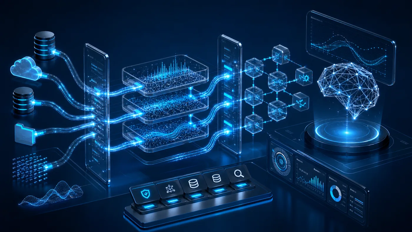Data and AI engineering visual with streaming pipelines, data layers and intelligence workflows