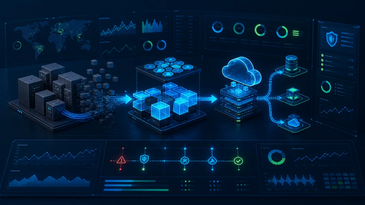 Reliability and modernization visual showing software migration, observability dashboards and recovery paths